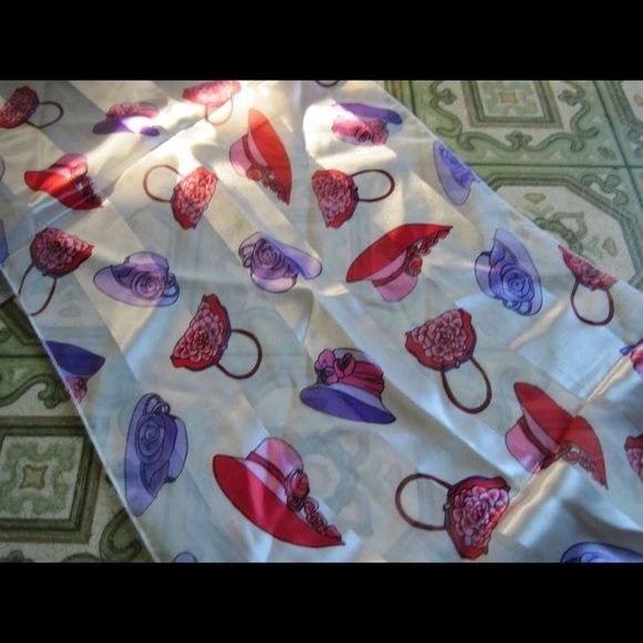 Fashionable Pink & Purple Hats & Purses White Background Silky Polyester Scarf - Picture 1 of 6
